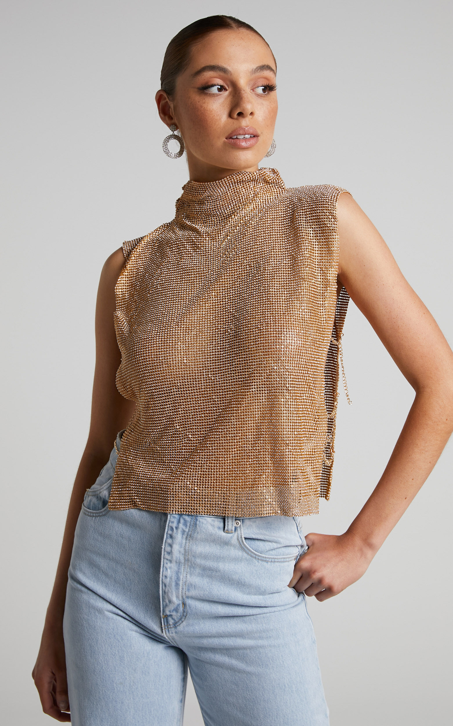 Dalena Top - Sleeveless High Neck Mesh Chainmail Top in Gold - L, GLD1, super-hi-res image number null