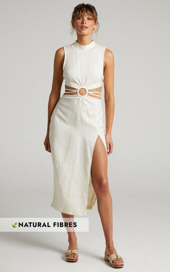 Amalie The Label - Dimity Linen Ring Detail High Neck Midi Dress in cream