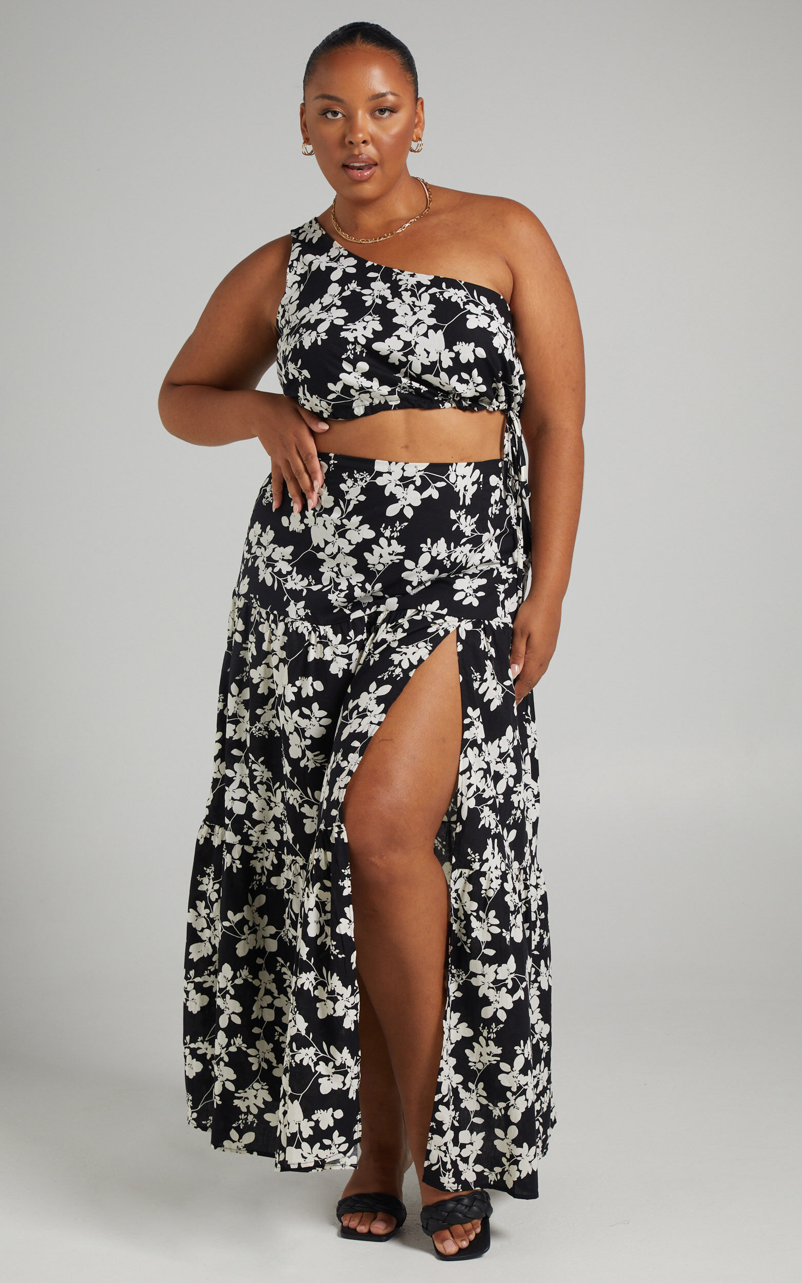 Meghan One Shoulder Two Piece Set with Maxi Skirt in Black Floral - 04, BLK2, super-hi-res image number null