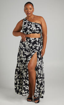 Meghan One Shoulder Two Piece Set with Maxi Skirt in Black Floral
