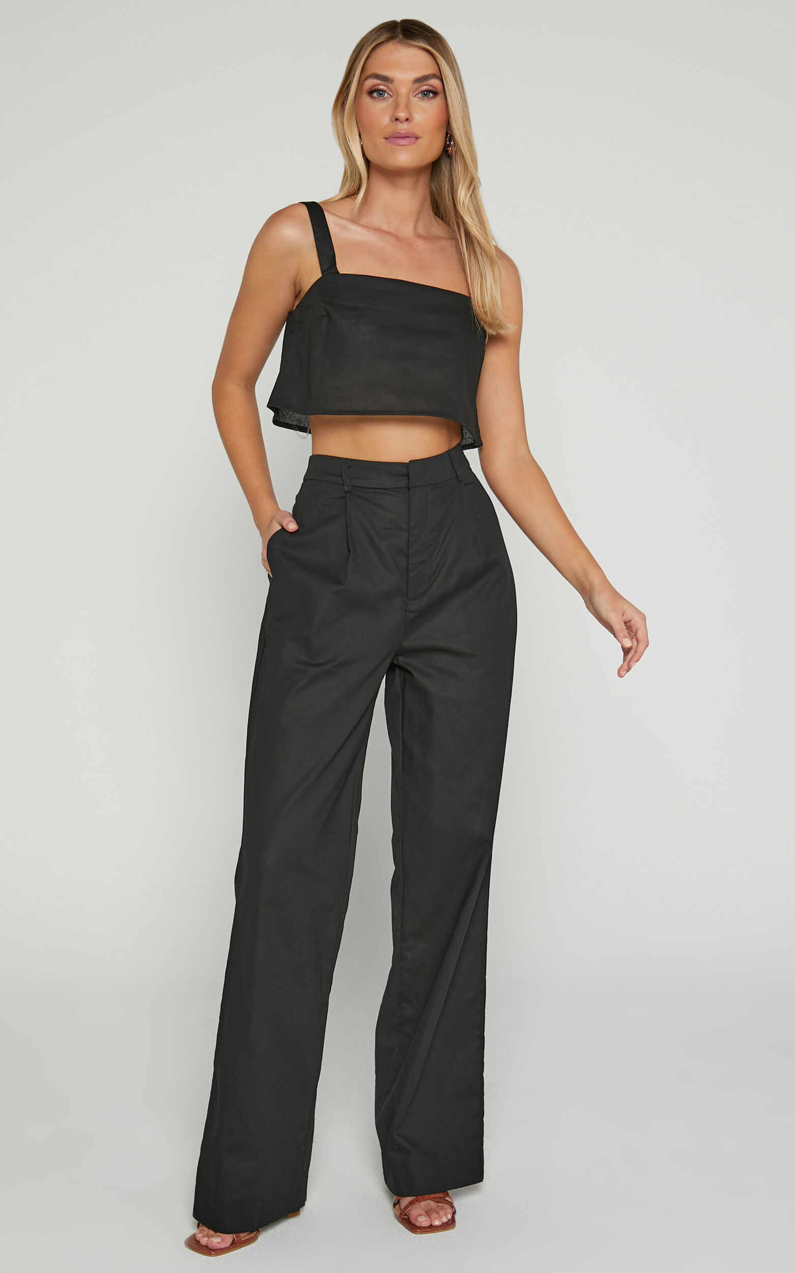 Claudina Two Piece Set - Cropped Cami Top and Relaxed Pants Set in Black - 04, BLK1