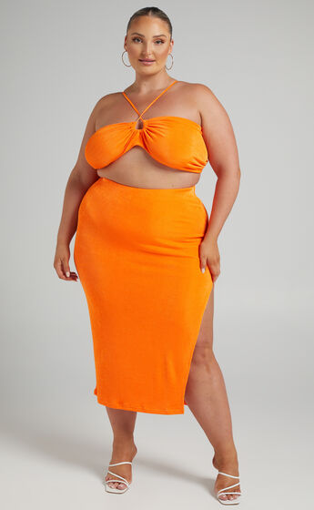 Geneva Bandeau Top Midi Skirt Two Piece Set in Orange