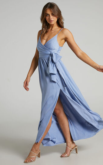 Revolve Around Me Midaxi Dress - V Neck Wrap Dress in Cornflower Blue