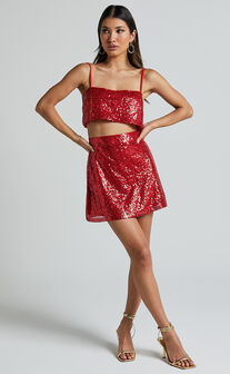 Elswyth Top - Strappy Sequin Crop Cami Top in Red
