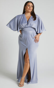 Gemalyn Maxi Dress - Angel Sleeve V Neck Split Dress in Sky Blue