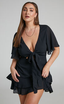 Ezilita Mini Dress - Tie Front Angel Sleeve Tiered Dress in Black
