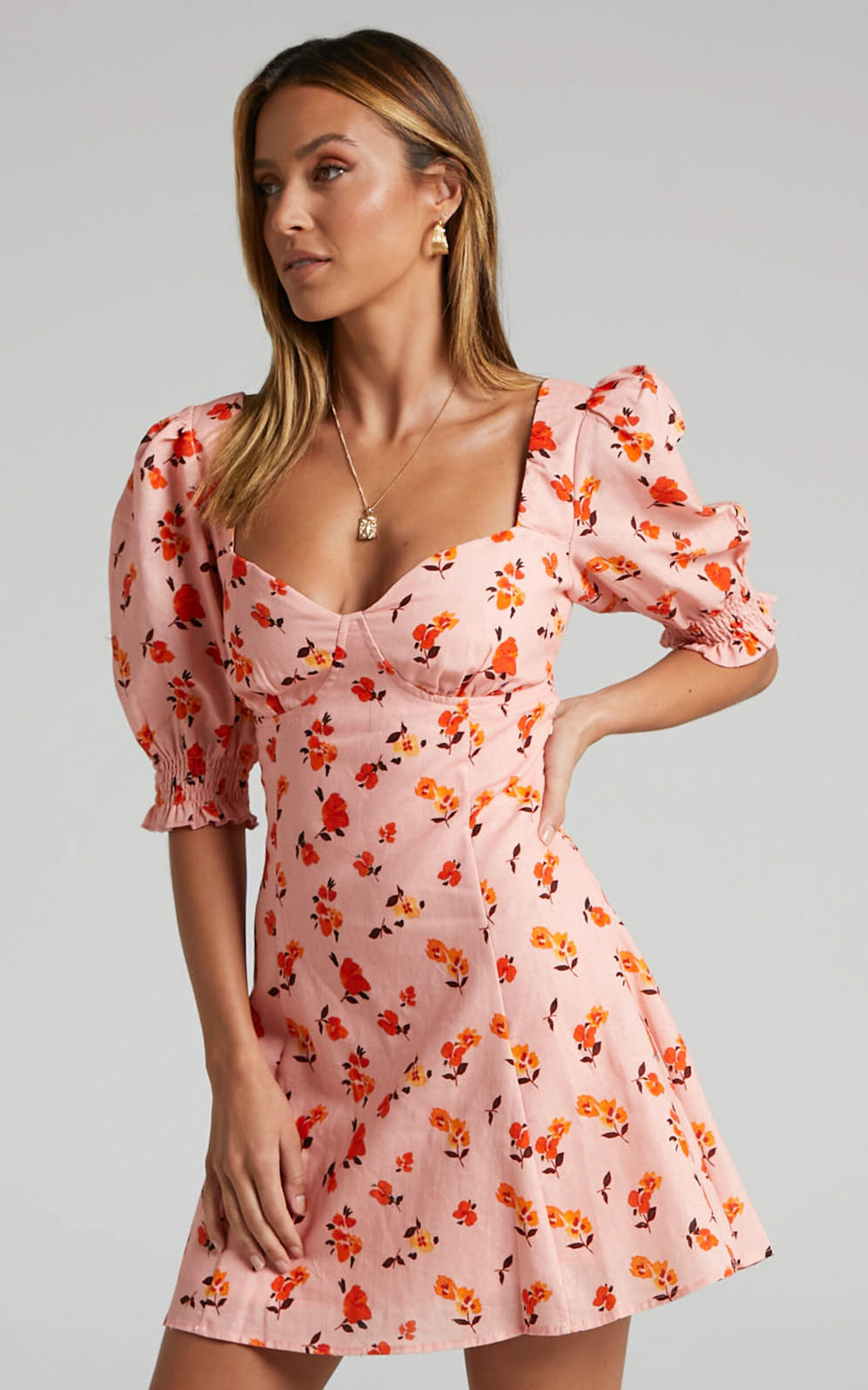 Rosini Puff Sleeve Sweetheart A Line Mini Dress in Pink Floral - 06, PNK1, super-hi-res image number null
