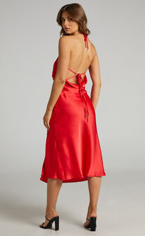 Florentina Twist Front Open Tie Back Midi Dress in Red