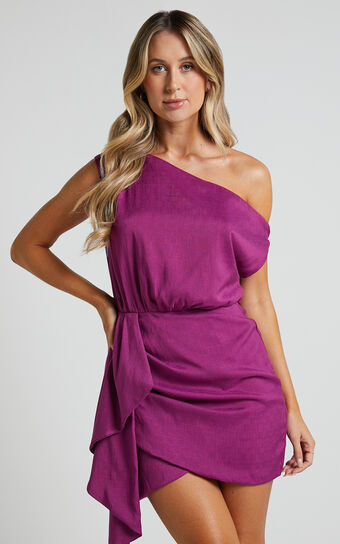 Niana Drape One Shoulder Mini Dress in Purple