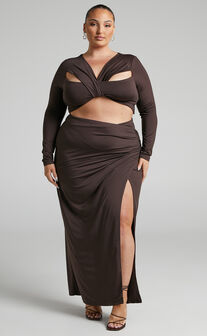 Nadia Twist Front Crop Top and Faux Wrap Maxi Skirt Two Piece Set in Dark Chocolate