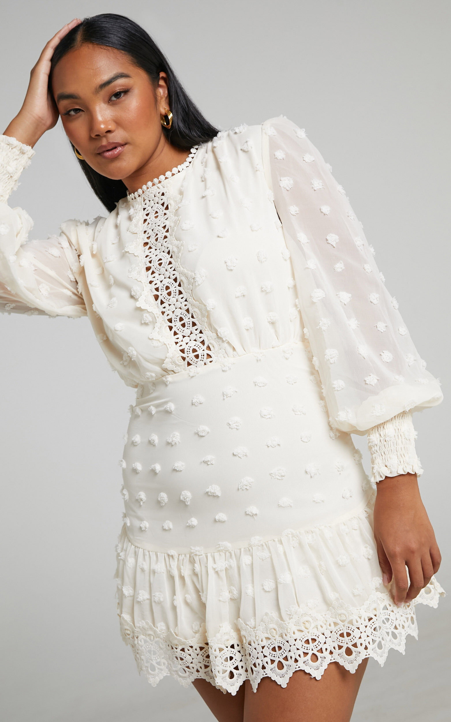 Meihna Embroidered Long Sleeve Mini Dress in Cream - 06, CRE1, super-hi-res image number null