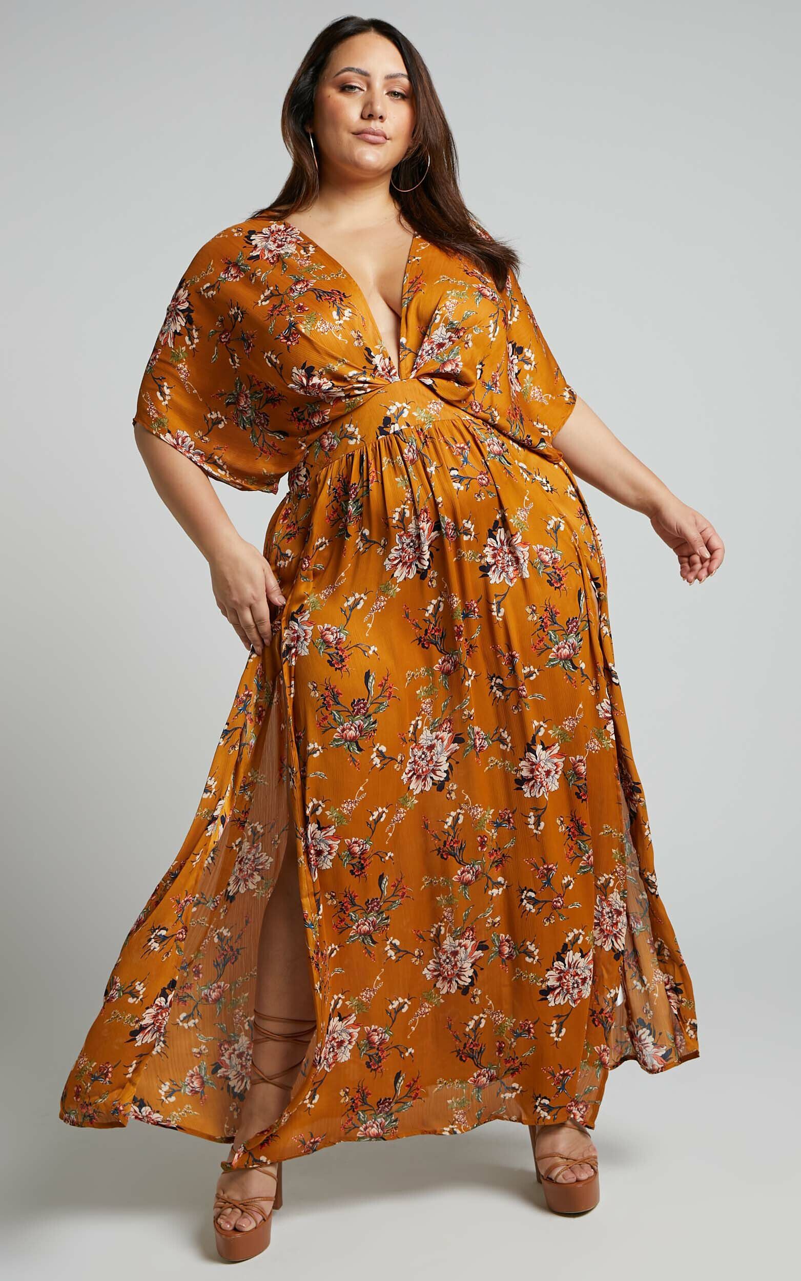 Vacay Ready Midaxi Dress - Plunge Thigh Split Dress in Mustard Floral ...