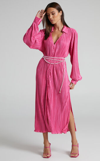 Donelli Midi Dress - Plisse Oversized Collared Shirt Dress in Pink