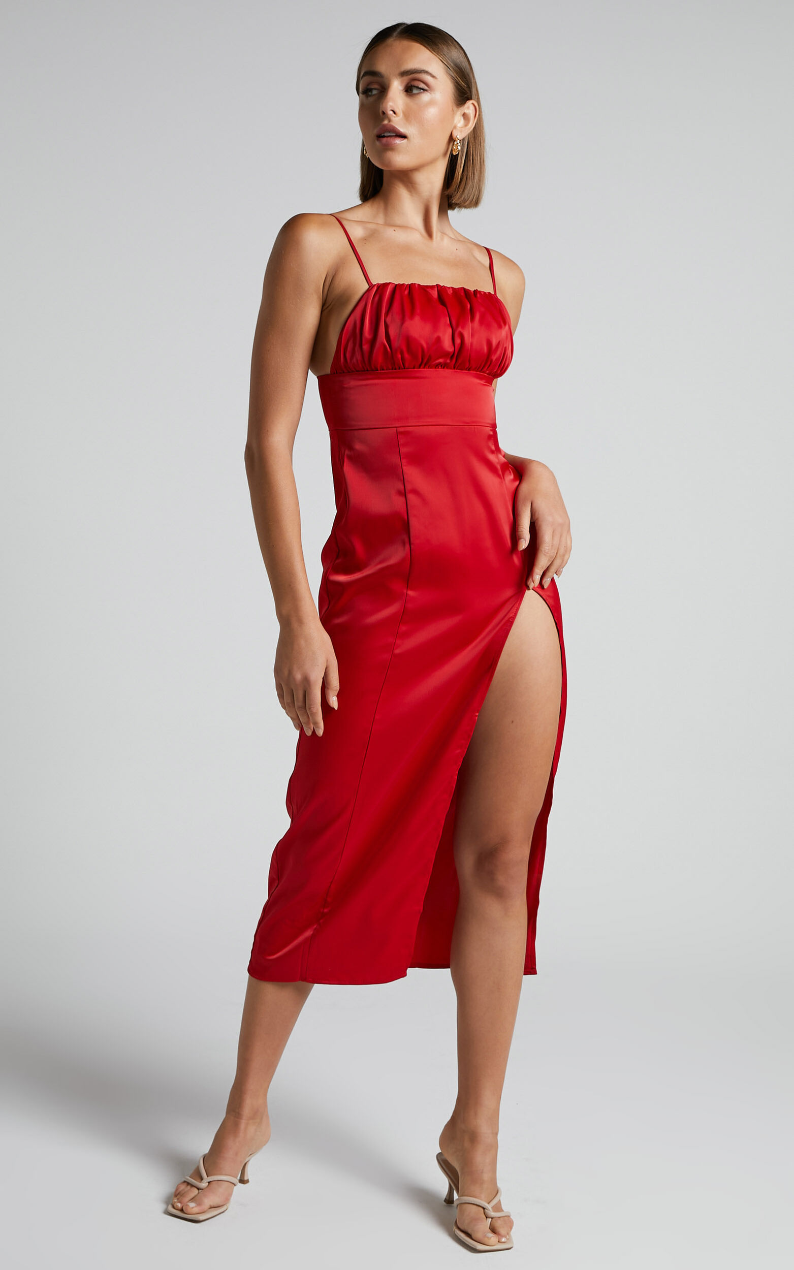 Wallace Midi Dress - Ruched Bust Thigh Split Dress in Red - 04, RED1
