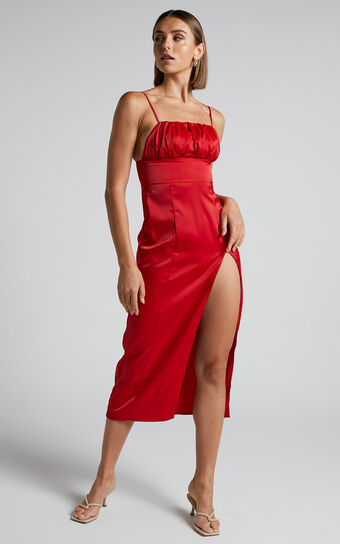 Wallace Midi Dress - Ruched Bust Thigh Split Dress in Red