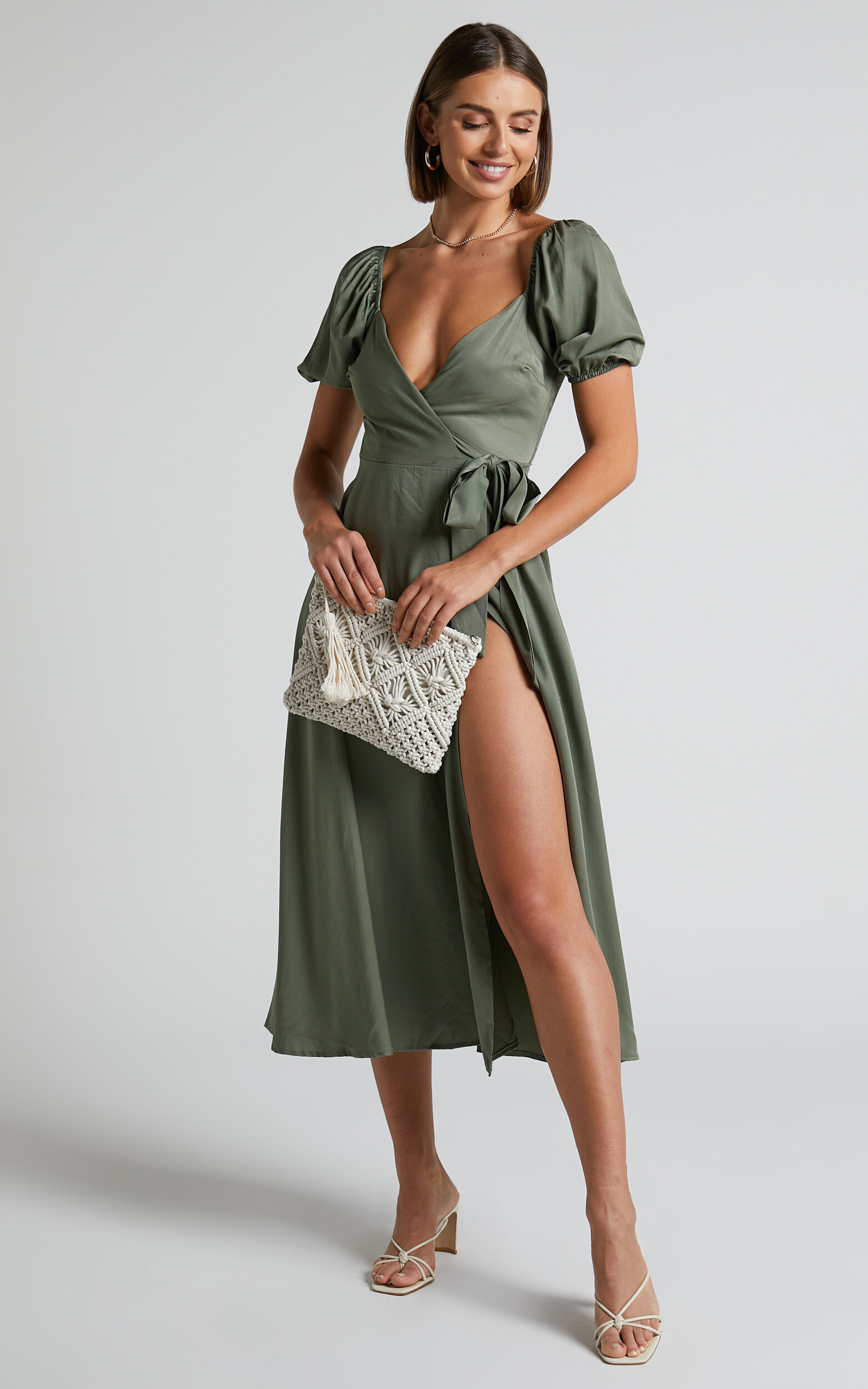 Cressida Midi Dress - Puff Sleeve Wrap Dress in Olive - 06, GRN1