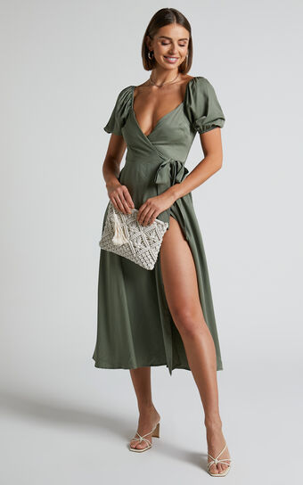 Cressida Midi Dress - Puff Sleeve Wrap Dress in Olive
