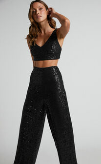 Abela Two Piece Set - Sequin Pant and Top in Black Sequin