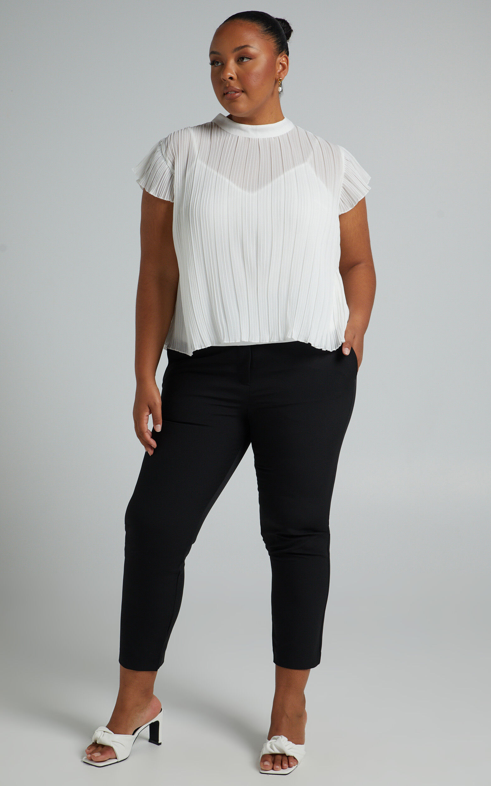 Harlow High Neck Pleated Workwear Top in White - 04, WHT3, super-hi-res image number null