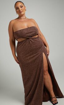 Ariane Cut Out Strapless Maxi Dress with Leg Split in Copper