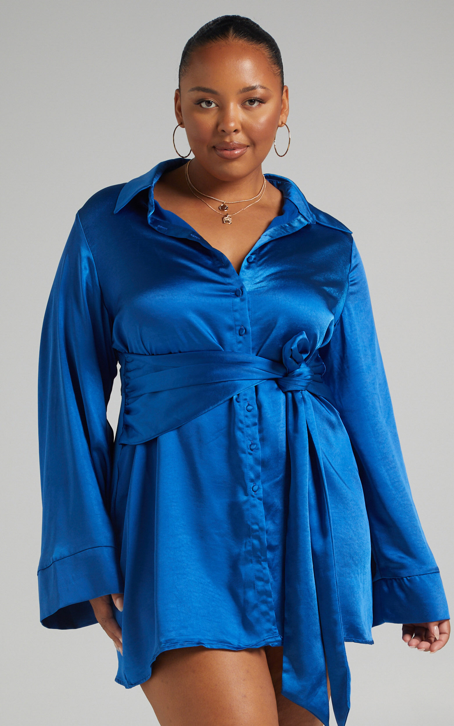 Hadid Mini Dress - Button Down Waist Tie Shirt Dress in Electric Blue ...