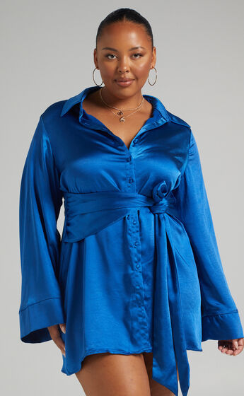 Hadid Button Down Satin Shirt Dress with Waist Tie in Electric Blue