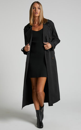 Avah Trench Coat - Double Breasted Tie Waist Coat in Black