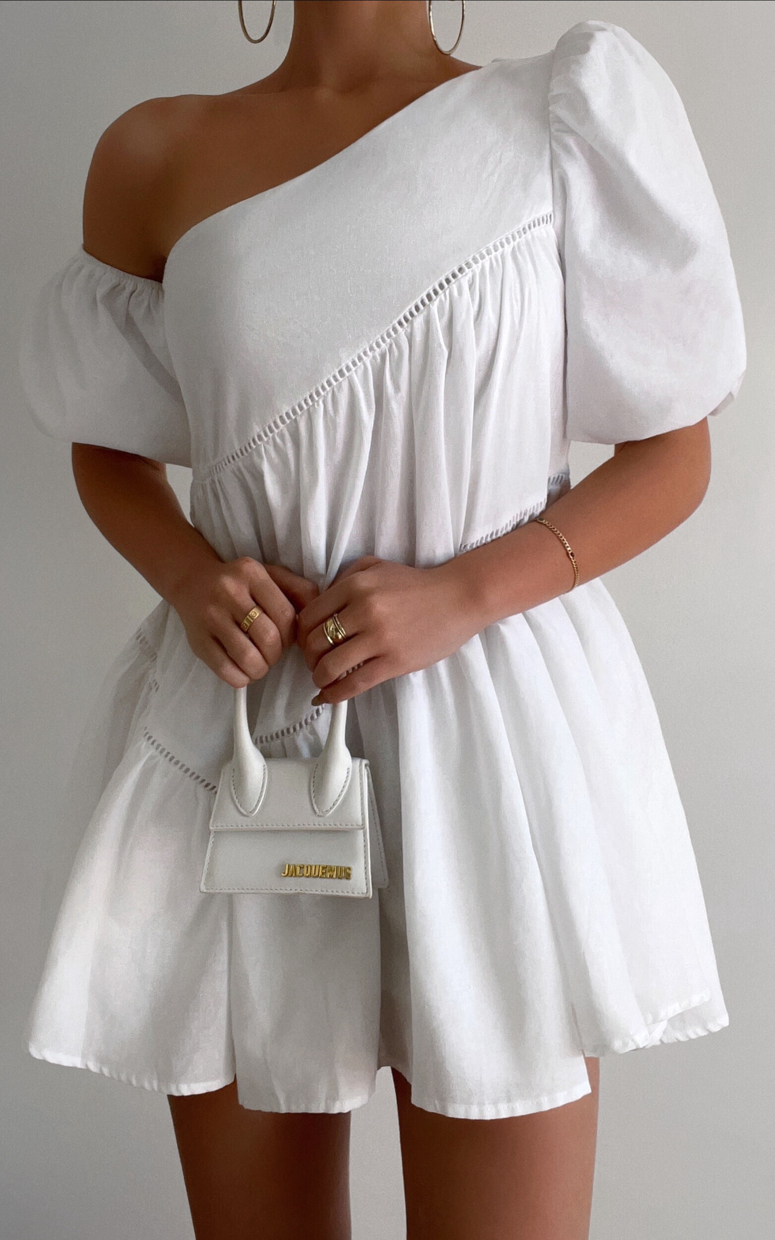 Harleen Mini Dress - Linen Look Asymmetrical Trim Puff Sleeve Dress in White - 04, WHT1
