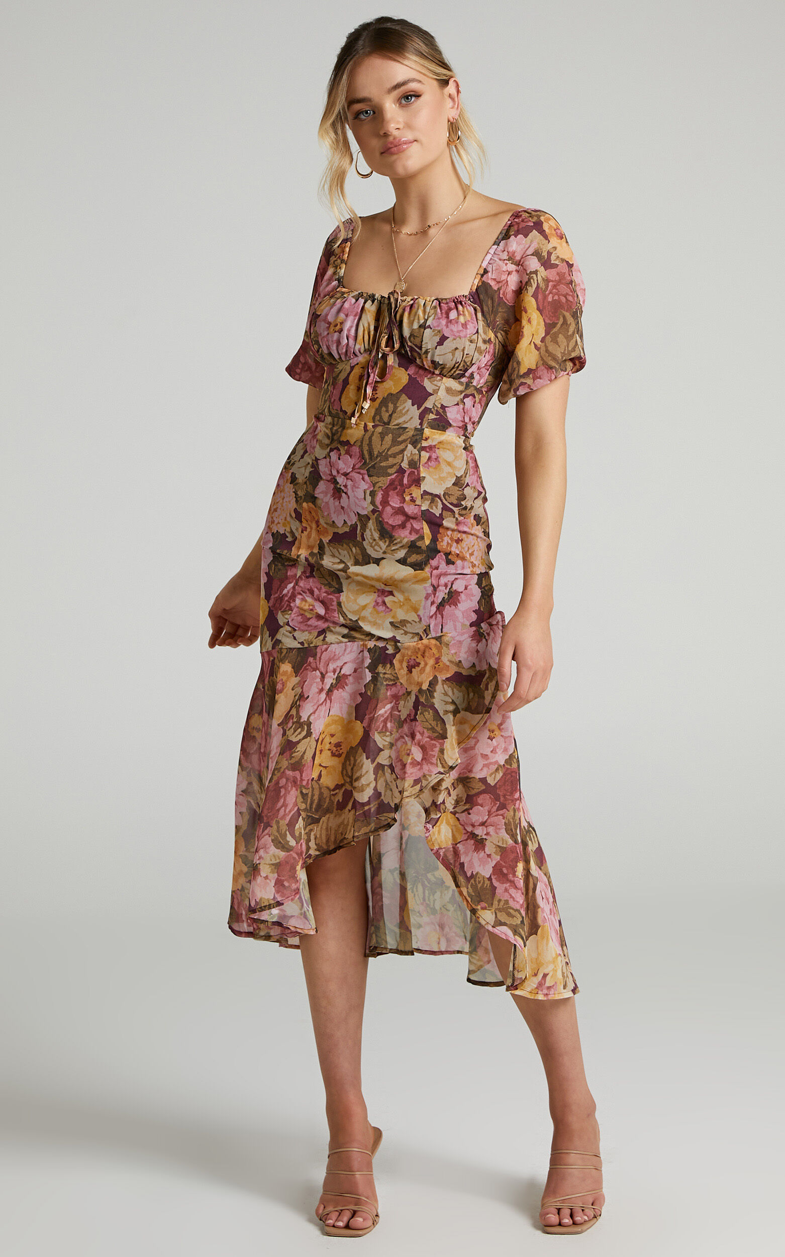 Jasalina Puff Sleeve Midi Dress in Classic Floral - 06, PNK1, super-hi-res image number null