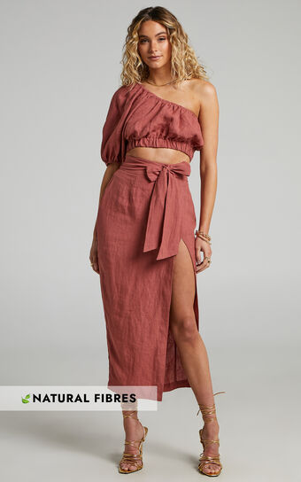 Amalie The Label - Cleide Linen One Shoulder Crop Top and Midi Skirt Two Piece Set in Dusty Clay