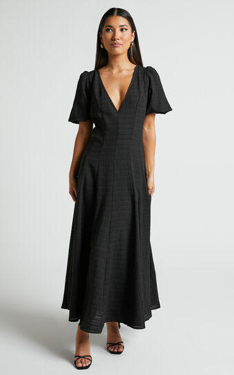 Jackelyn Midaxi Dress - Puff Sleeve V Neck Dress in Black | Showpo USA