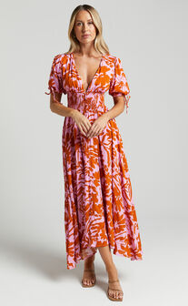 Gweeny Midi Dress - V Neck Tie Short Sleeve Dress in Rust Floral