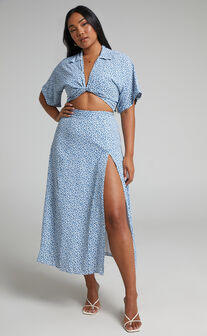 Melodie Tie Front Short Sleeve Crop Top and Split Midi Skirt Two Piece Set in Blue Floral