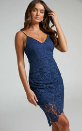 Typical Lover Knee Length Dress In Navy Lace | Showpo USA