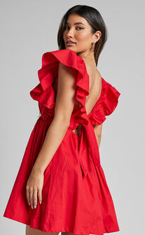 Raiza Mini Dress - Ruffle Sleeve Tie Back Plunge Dress in Red