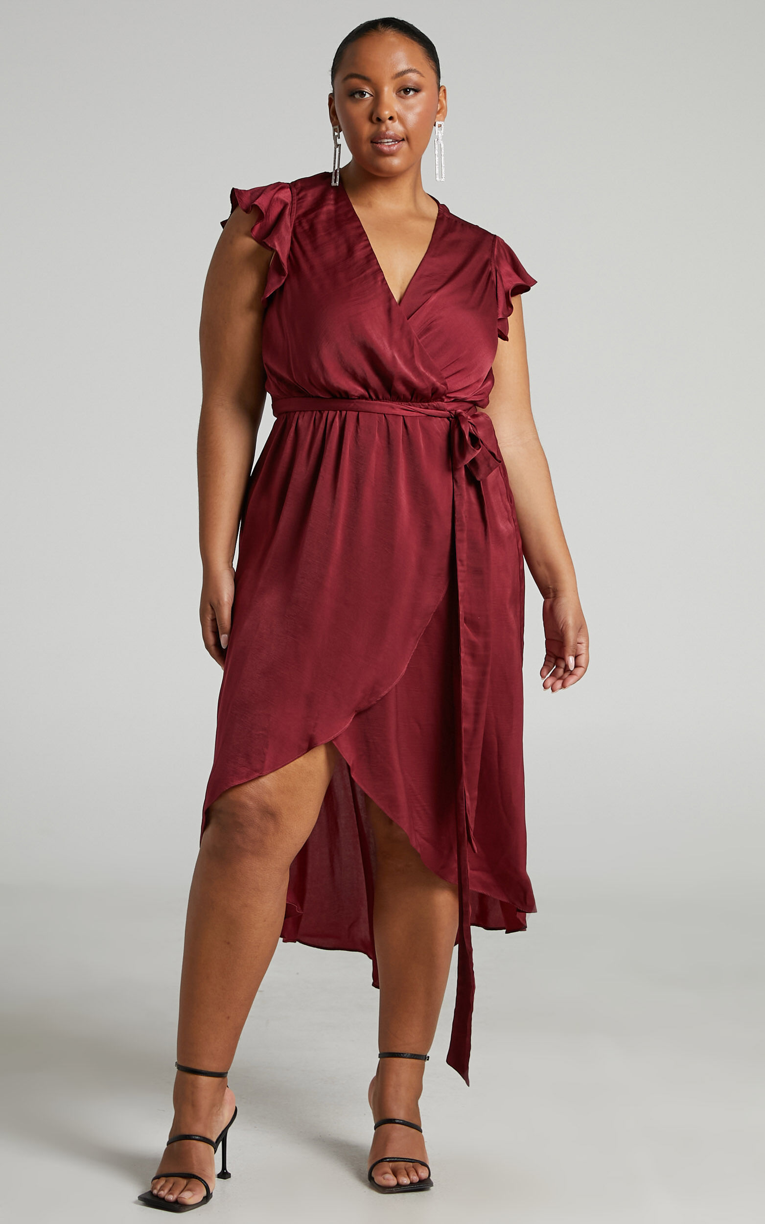 Novera Frill Sleeve Wrap Midi Dress in Wine - 04, WNE1, super-hi-res image number null