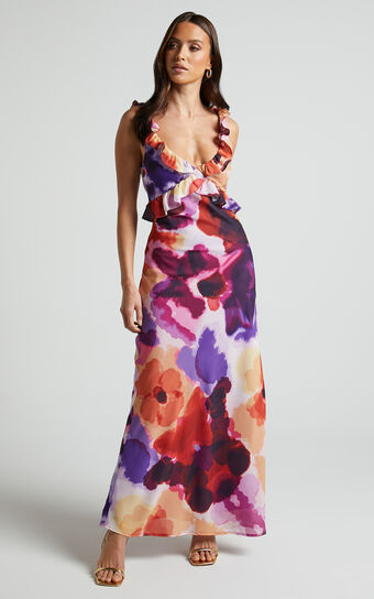 Charlie Midaxi Dress - V Neck Low Back Frill Detail Dress in Watercolour Floral