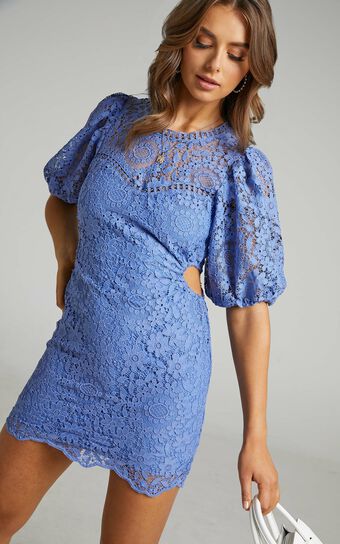 Marseille Puff Sleeve Lace Mini Dress in Cornflower Blue
