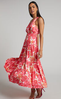 Georgine Midi Dress - One Shoulder Ruched Tiered Dress in Peony Blossom