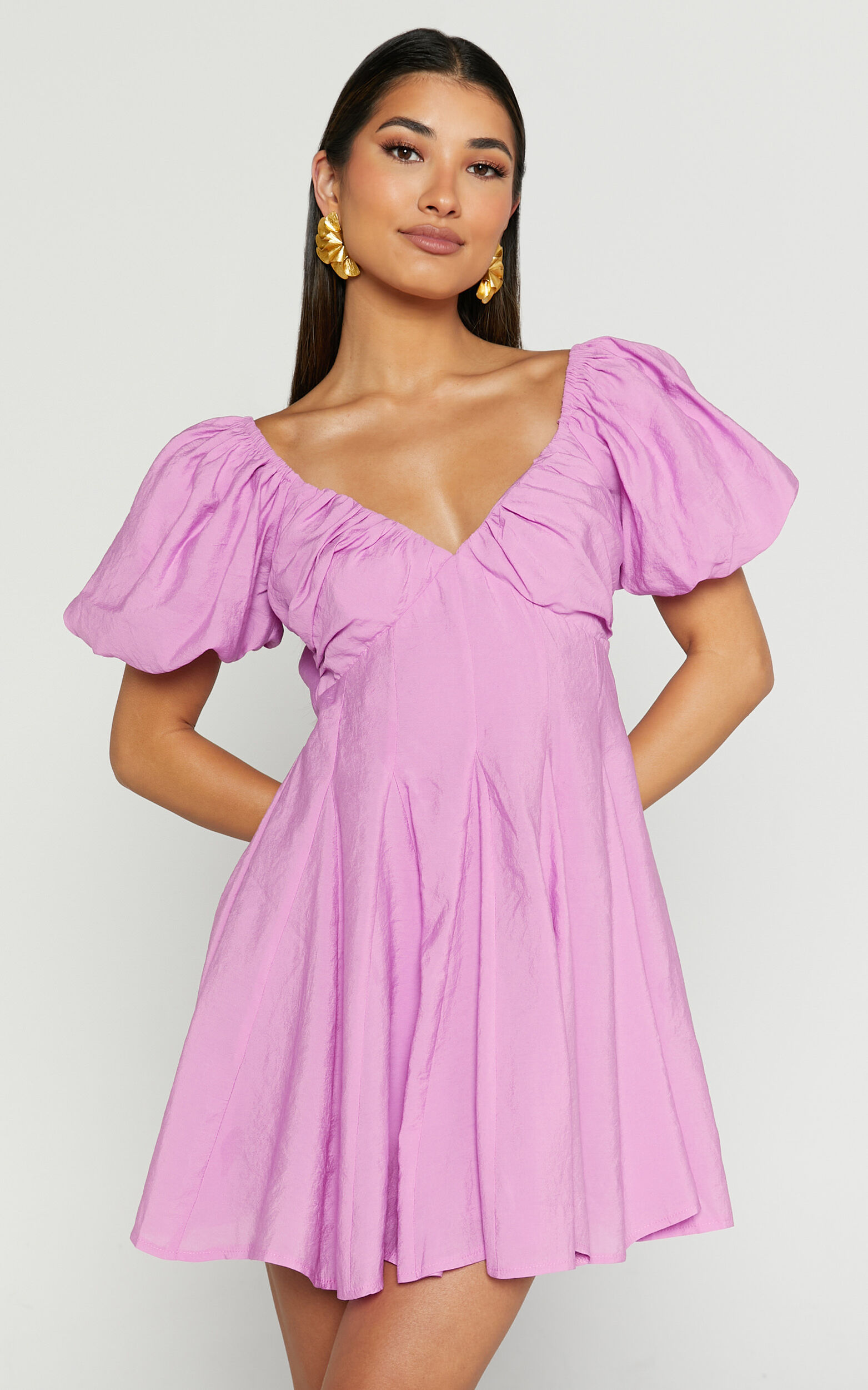 Amielinda Mini Dress - Deep V Neck Ruched Chest Dress in Pink - 06, PNK1