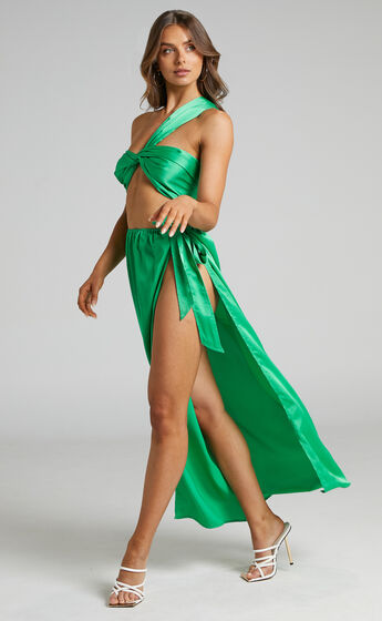 Mayju Two Piece Satin Look Bandeau and Skirt Set in Green