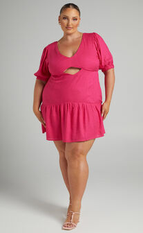 Nazeli Cut Out Puff Sleeve Linen Mini Dress in Pink