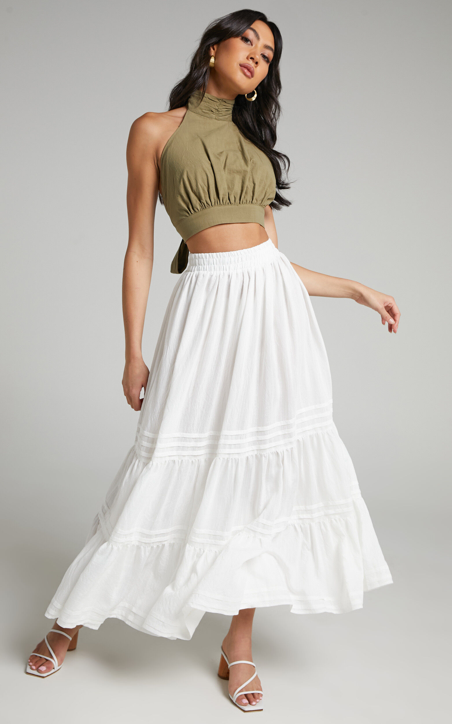 Angelita Pin Tuck Detail Tiered Maxi Skirt in White - 06, WHT1