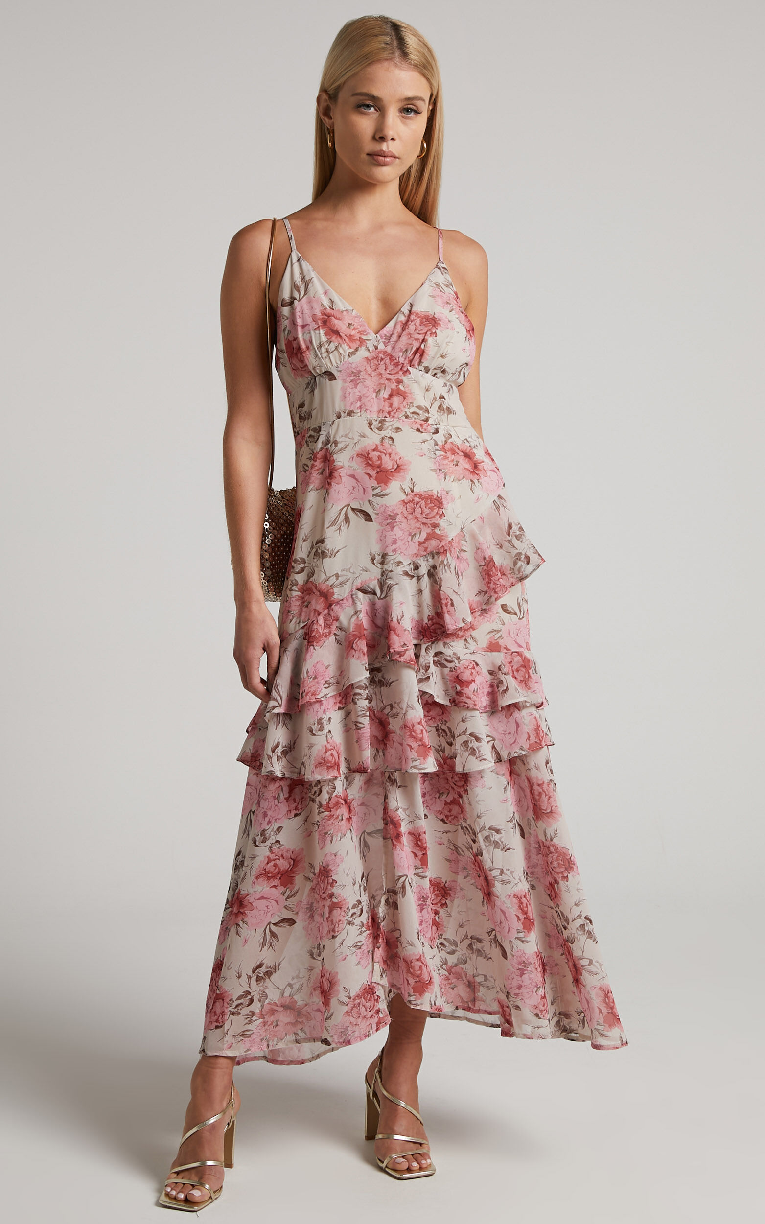 Caliope Maxi Dress - V Neck Tiered Ruffle Dress in Pink Floral - 06, PNK2