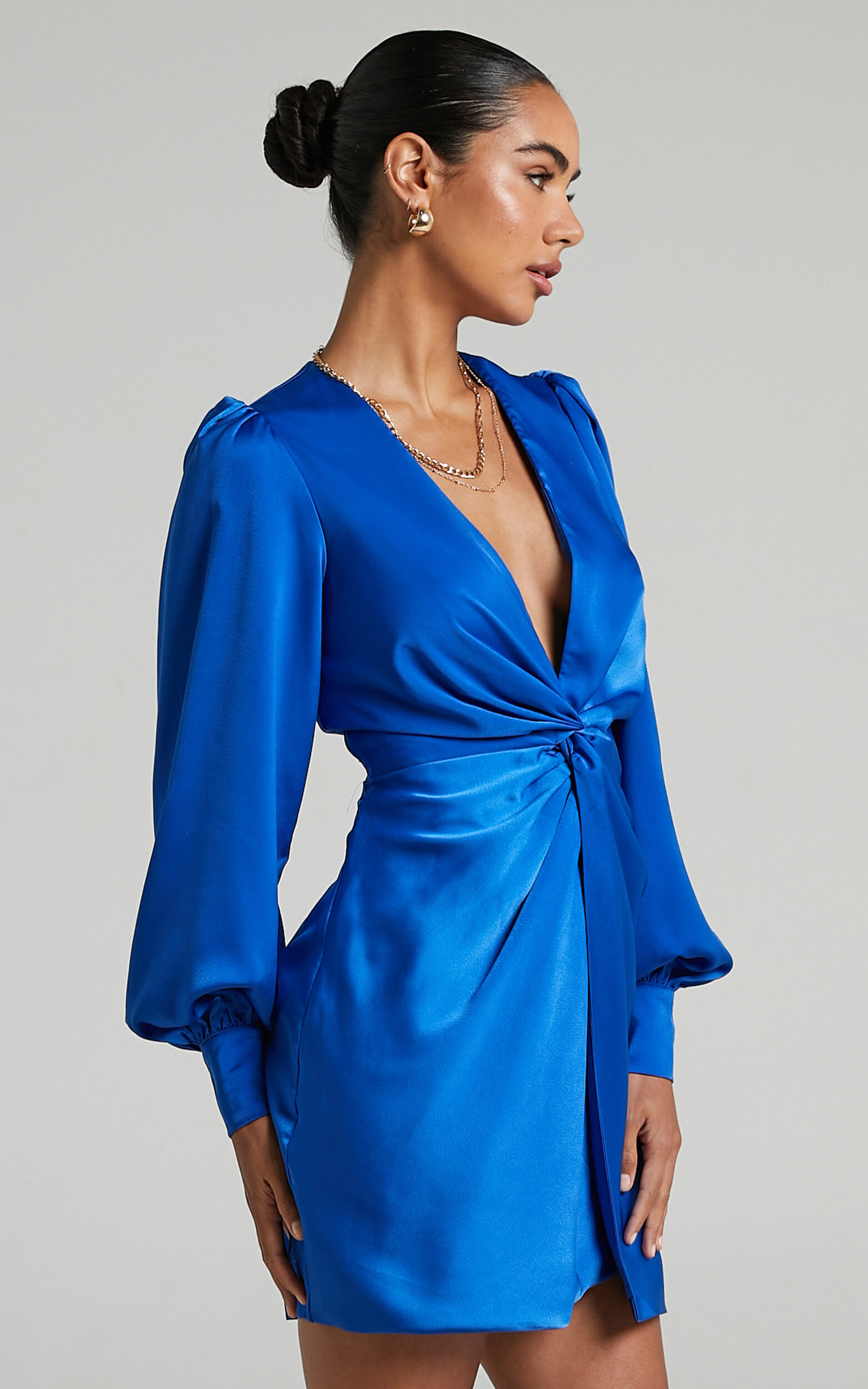 Billie Mini Dress - Twist Front Long Puff Sleeves Dress in Cobalt ...