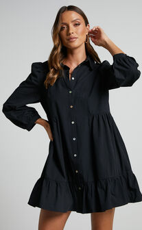 Maulee Frill Hem Mini Shirt Dress in Black