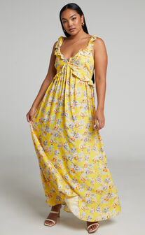 Serenyo Ruffle Detail Low Back Maxi Dress in Yellow Floral
