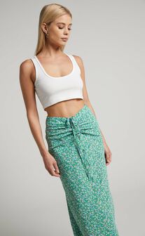 Alayssa Midi Skirt - Ruched Front Slip Skirt in Green Ditsy