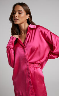Trianna Two Piece Set - Oversized Satin Shirt and Wide Leg Pants in Pink
