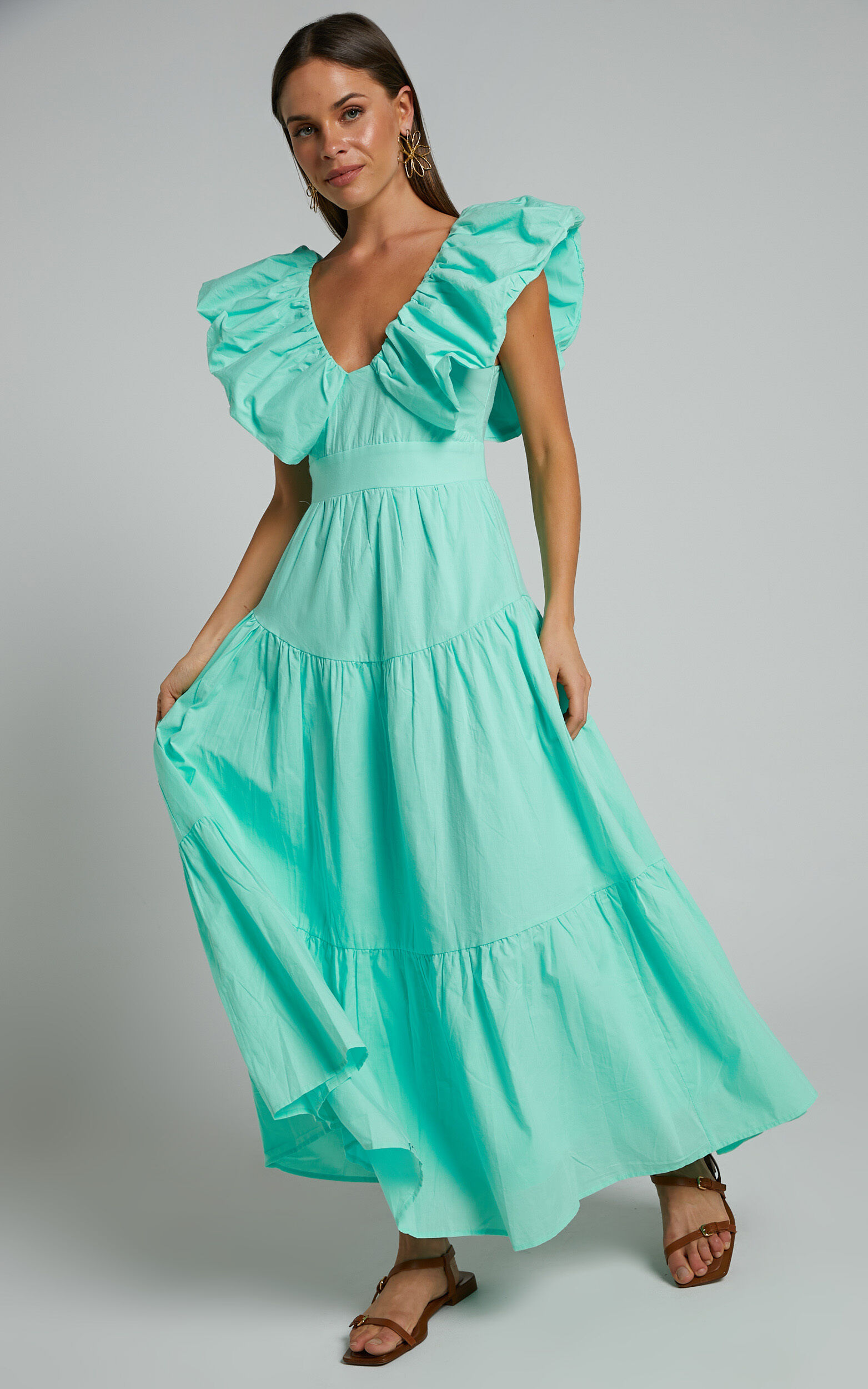 Laurah Ruffle V Neck Tiered Midi Dress in Mint | Showpo